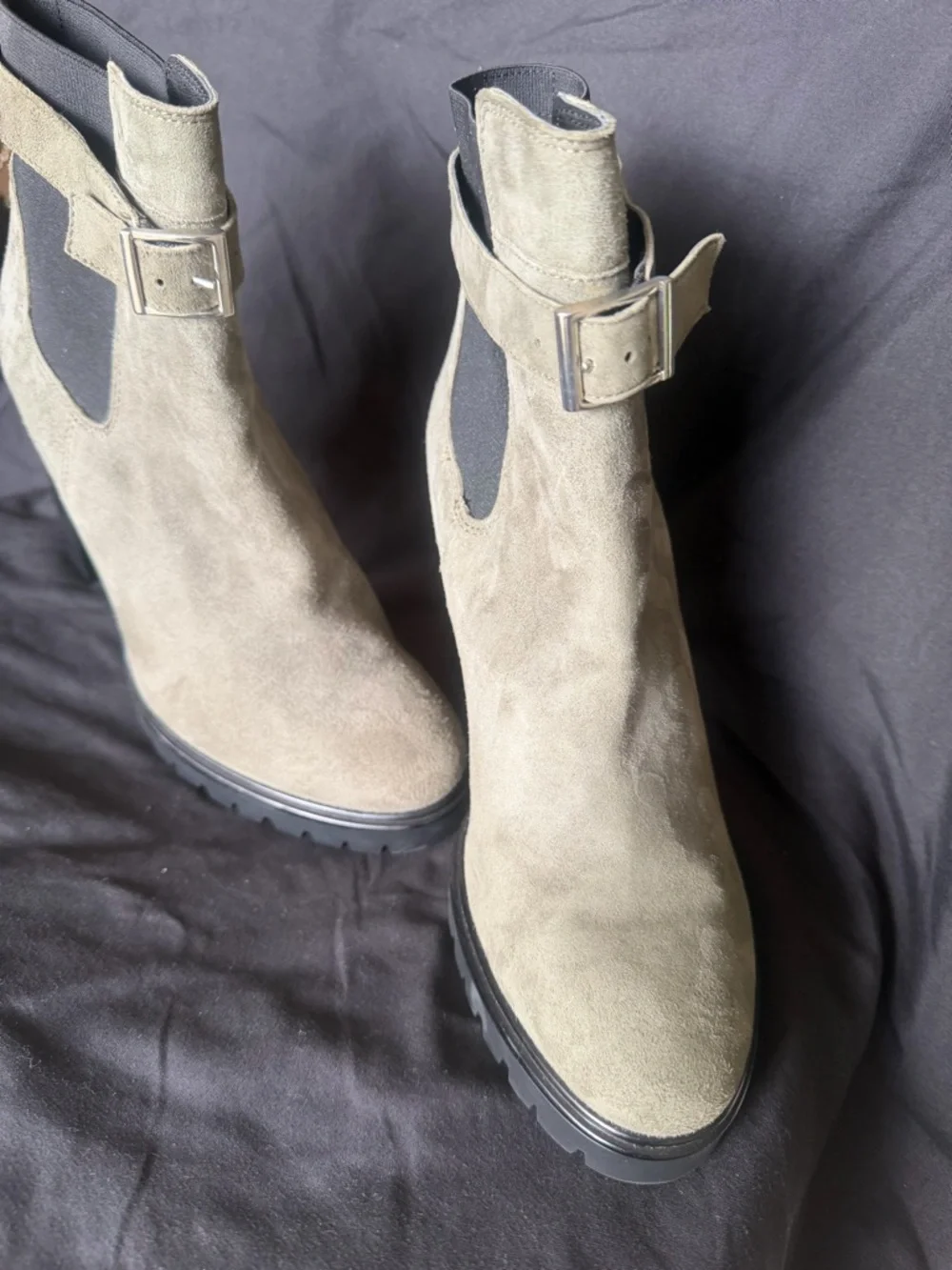 Barneys New York Taupe Suede Buckle Chelsea Ankle Boots